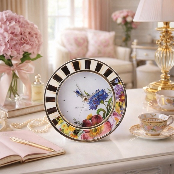 Mackenzie Childs NEW IN BOX Flower Market Silver Plated Round Desk Clock